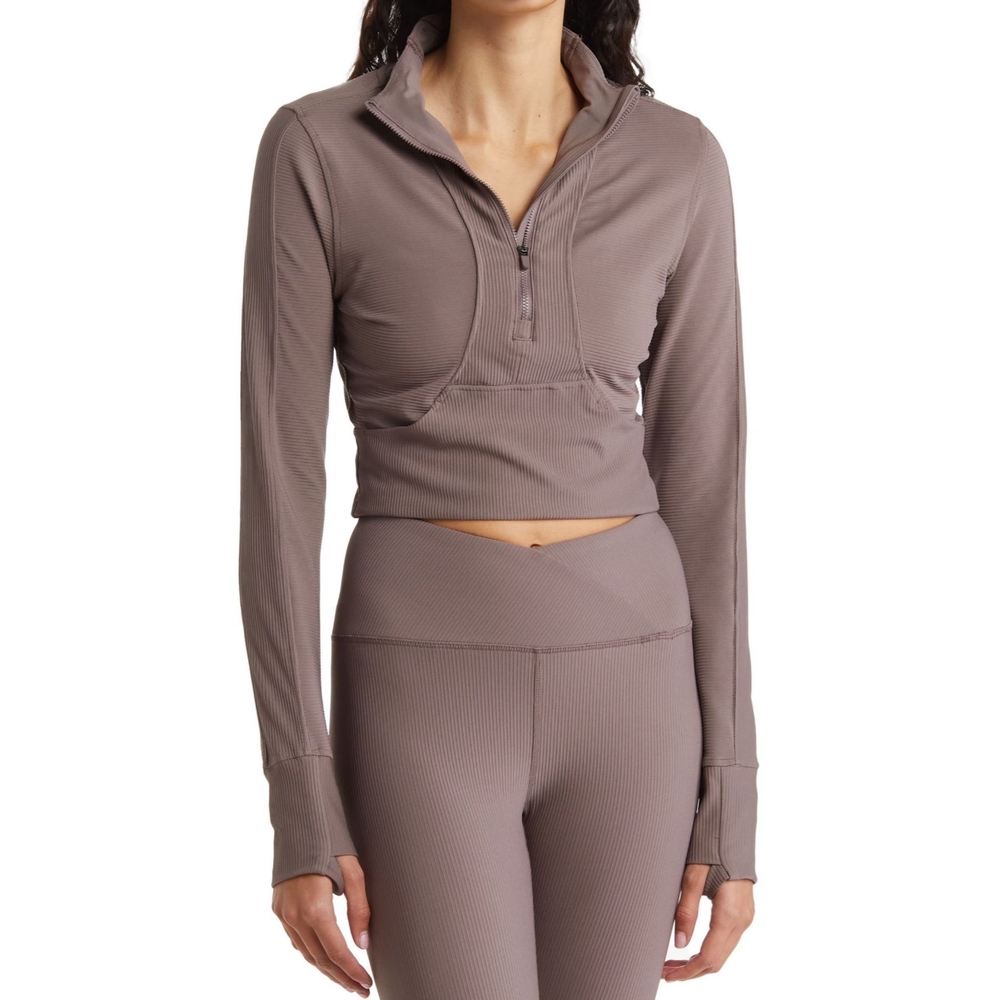 90 Degree By Reflex Interlink Ribbed Half Zip Long Sleeve Crop Top Iron Gray XL